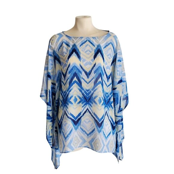 Chico’s Printed Crepe Poncho Top Abstract Tribal Blue Yellow Size Medium - Picture 2 of 12